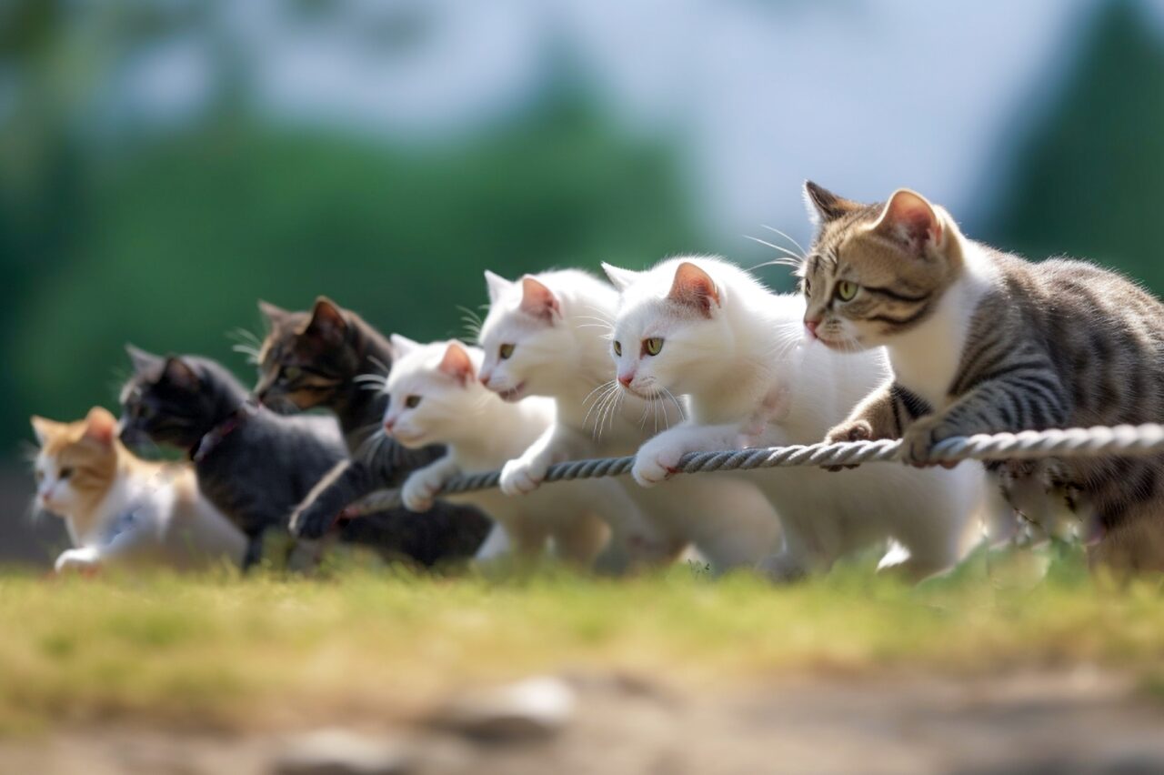 綱引きをする猫たち
