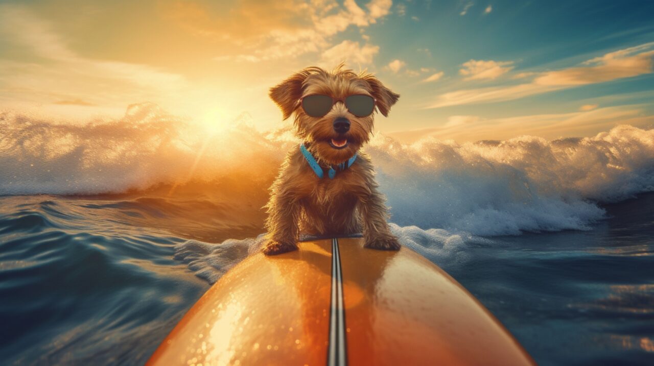 サーフィンする犬