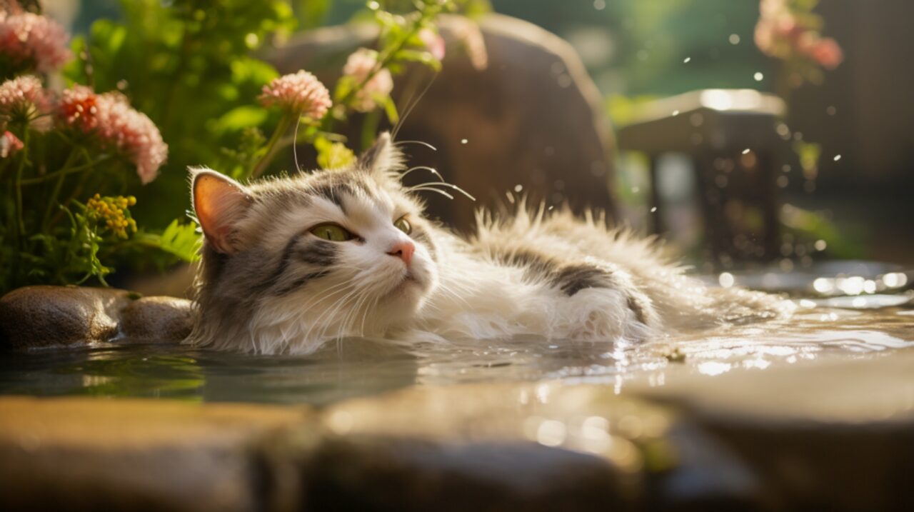 温泉に浸かる猫
