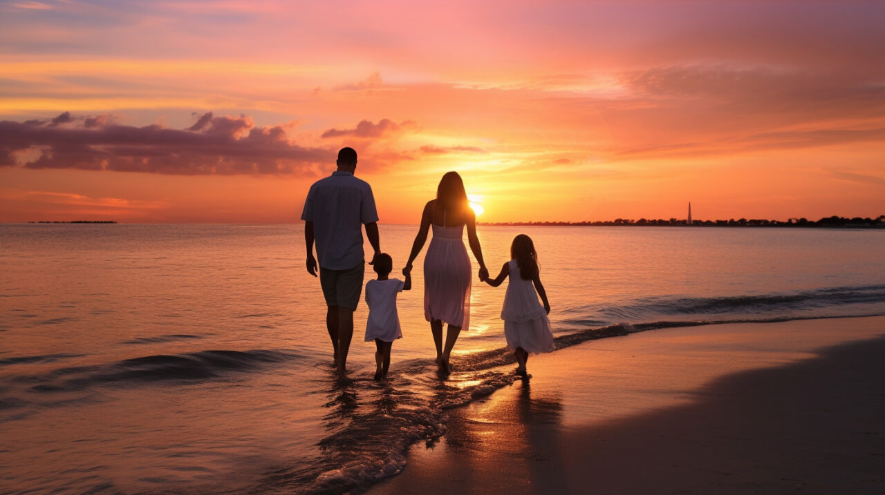 夕日に向かって浜辺を歩く家族の後ろ姿