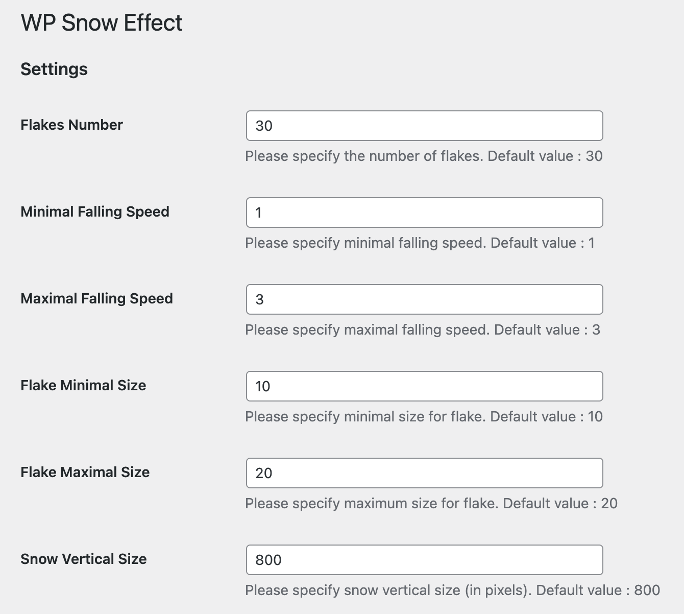 WP Snow Effectプラグイン設定画面
