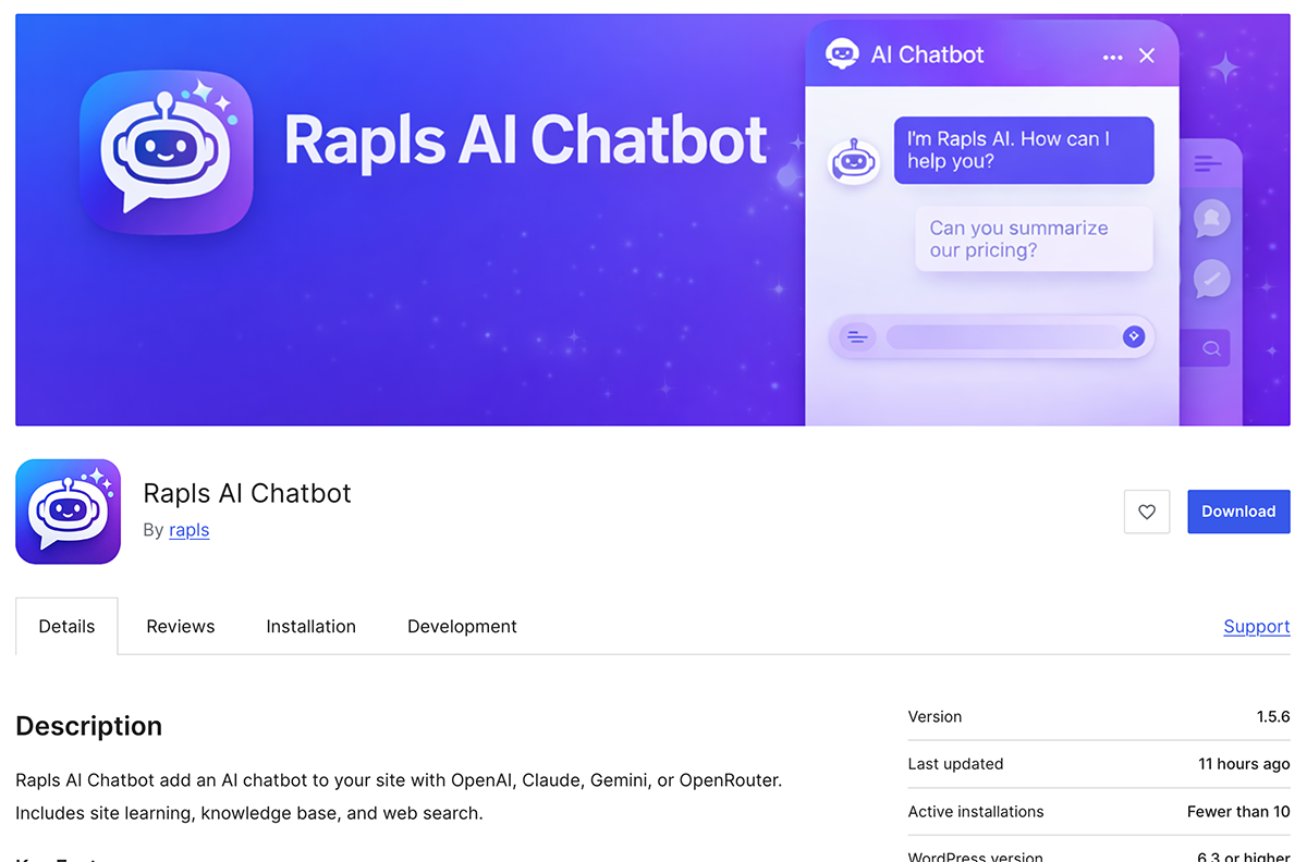 WordPress.orgのRapls AI Chatbotプラグインページ