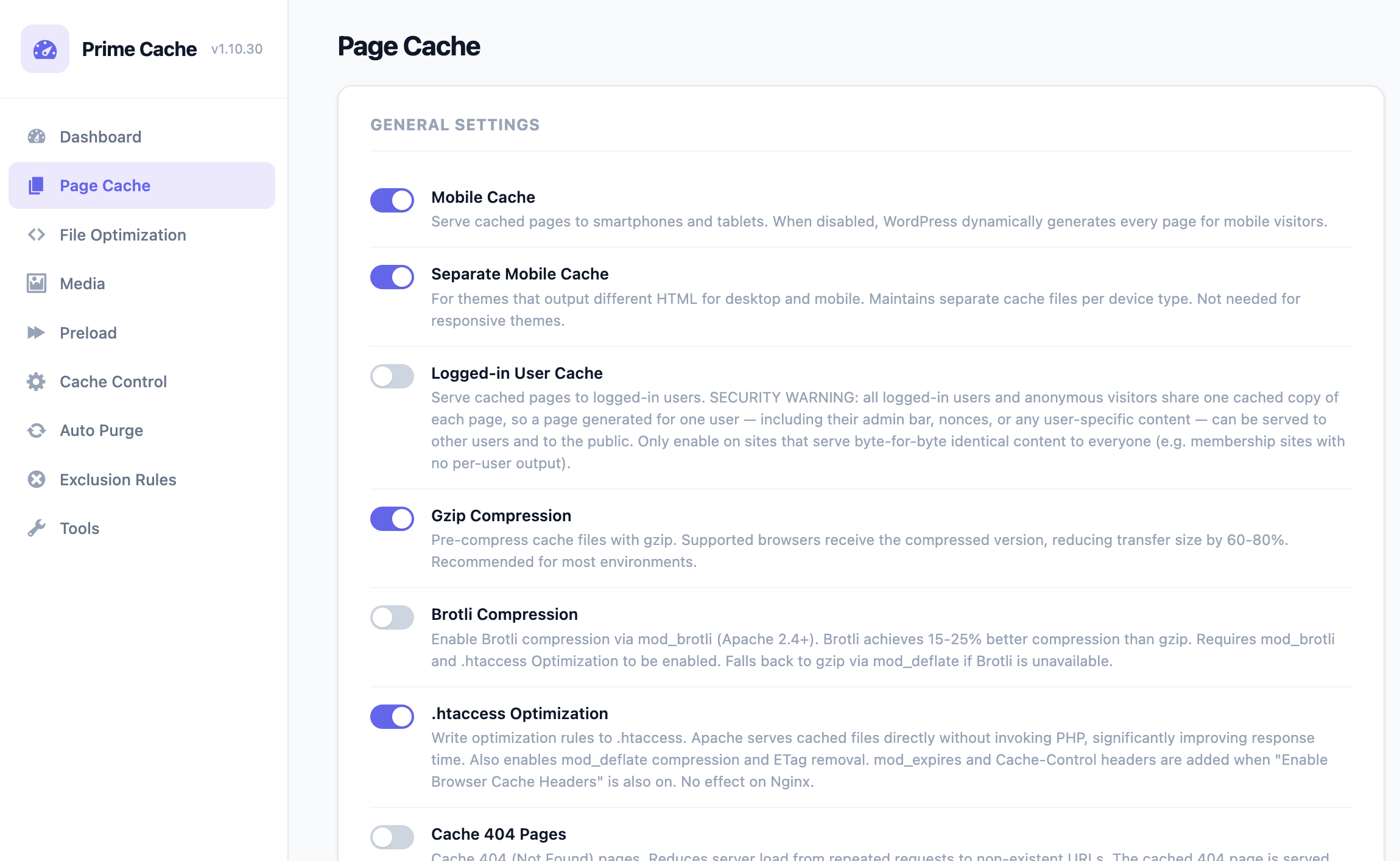 Prime Cache のページキャッシュ設定画面。モバイルキャッシュ、Gzip 圧縮、.htaccess 最適化などのトグル