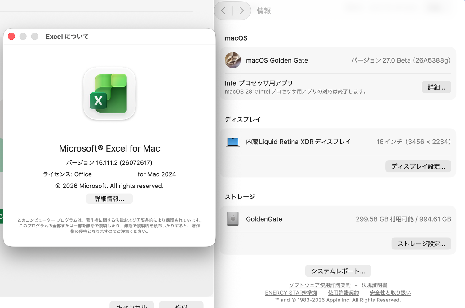 左がExcelのバージョン情報、右がmacOSのバージョン。 Office 2024 for Mac が macOS 27.0 Beta 上で起動している