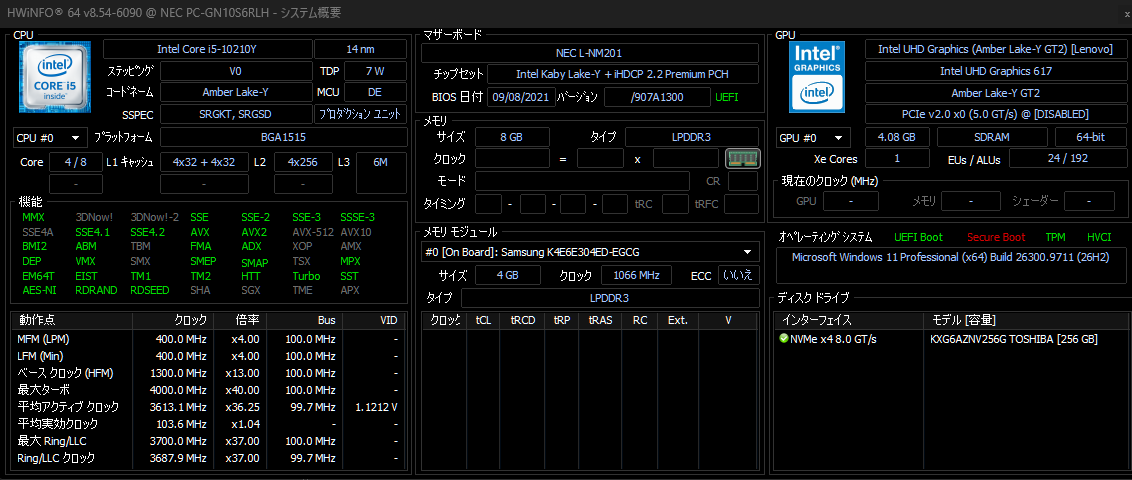 HWiNFOのシステム概要。平均アクティブクロック3613MHz、平均実効クロック103.6MHz
