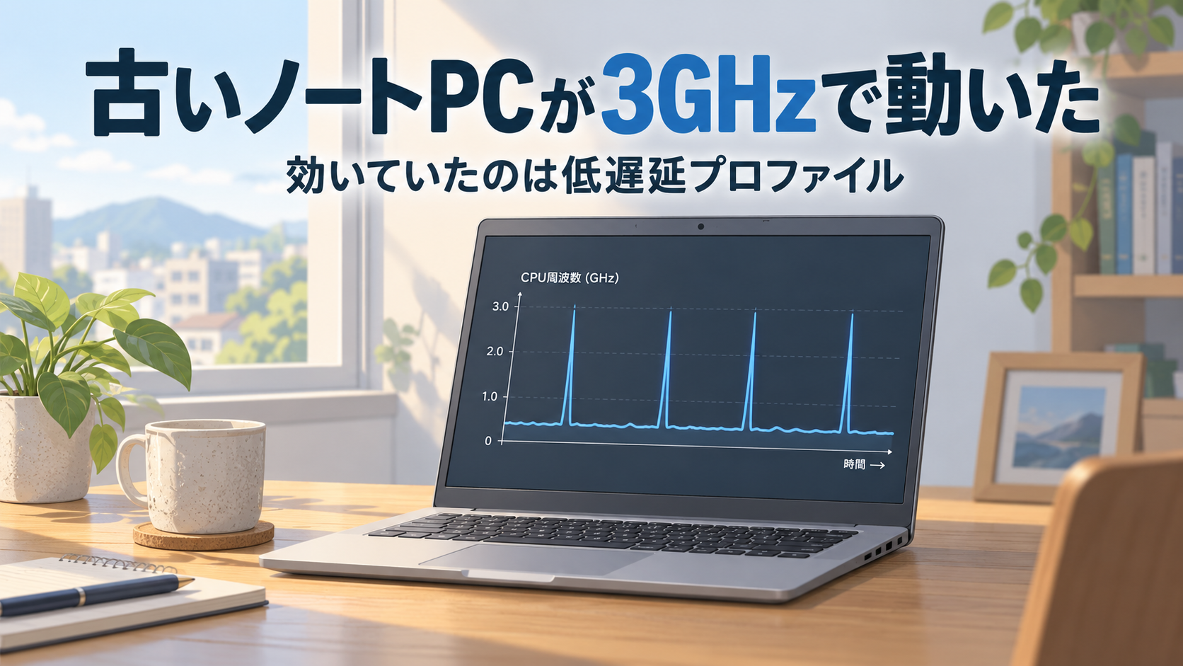 2020年製のノートPCとCPUクロックのグラフ。タイトル「古いノートPCが3GHzで動いた」